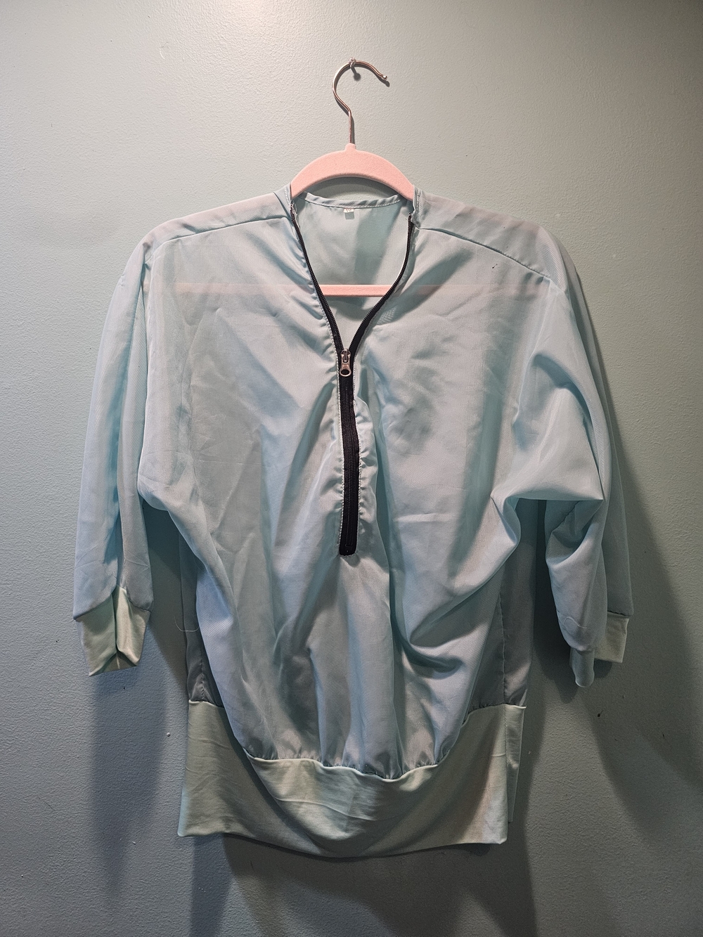 Turquoise Sheer Half-Zip Blouse Top Long Sleeve Light Blue Mint
